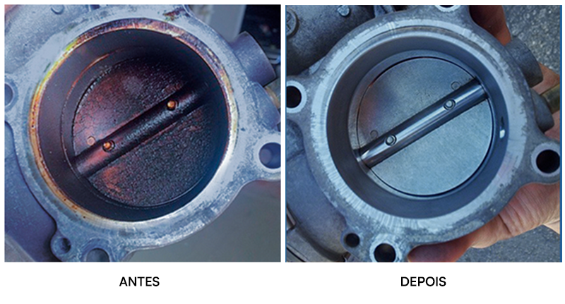 Comparativo antes e depois da limpeza realizada com descarbonizante de motor spray